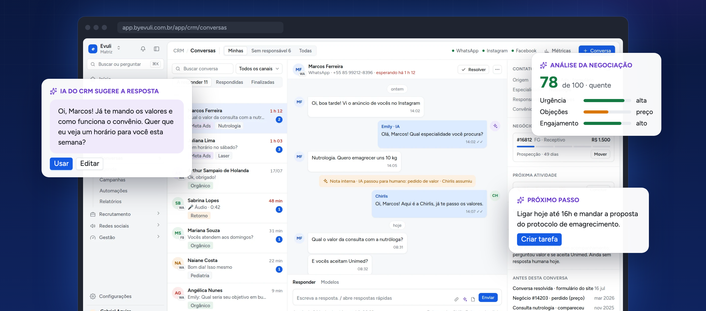 by-evuli CRM: WhatsApp conversation with an AI-suggested reply, deal analysis and next step (from the public landing page)